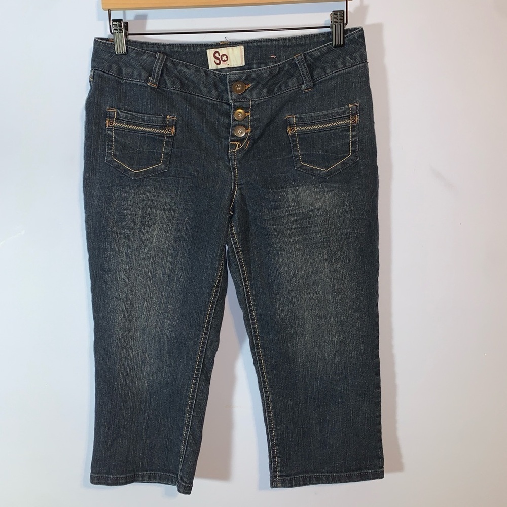 So Women's Blue Jeans low rise capri pants size 11 zig zag stitching vintage Y2K